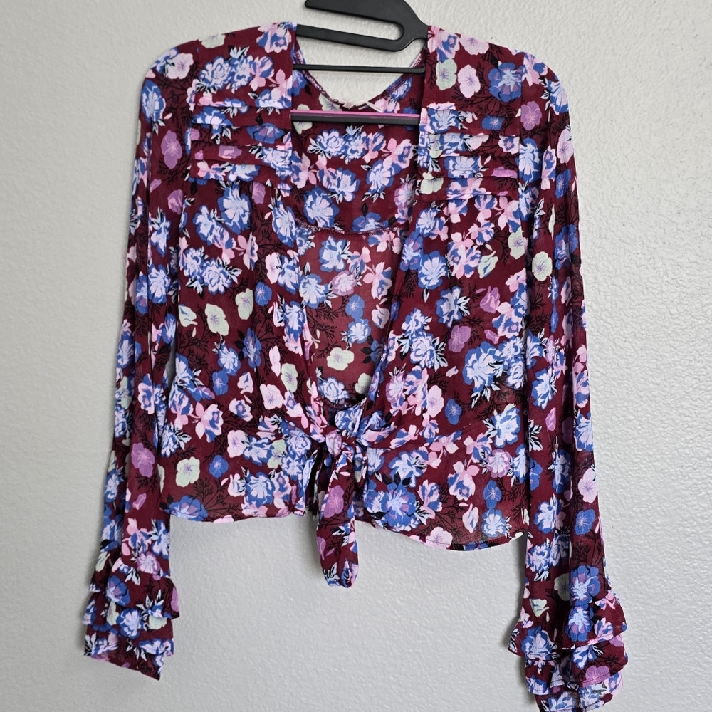 Free People Floral Tie-Front Blouse - Burgundy and Blue/ XS